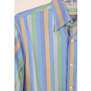 Barry Bricken Button Front Shirt Mens Med Blue Green Yellow Stripe Herringbone